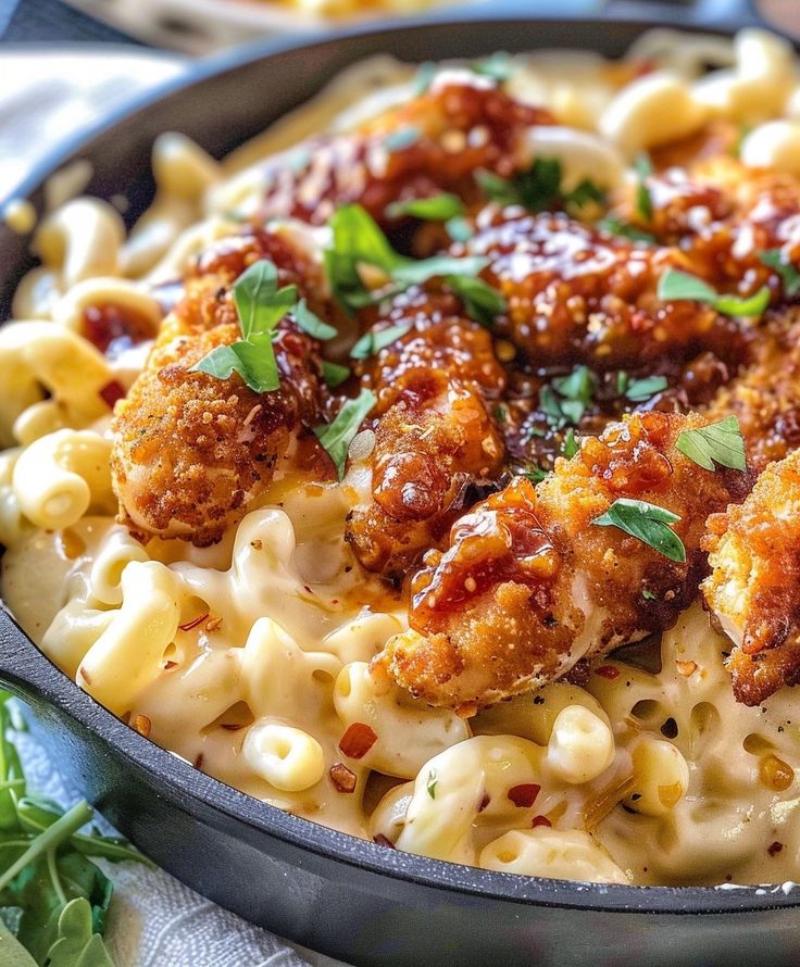 pasta with meatballs and sauce in a skillet