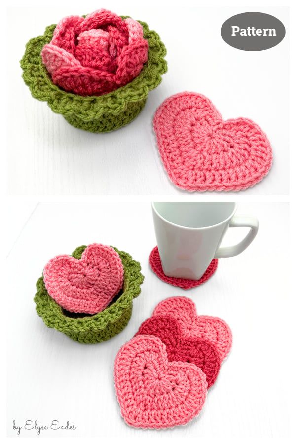 crocheted heart coasters and coffee cup cozyies with free pattern for them