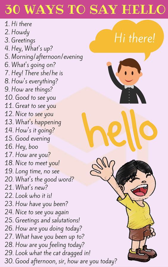 a poster with the words hello and an image of a boy holding his hand up