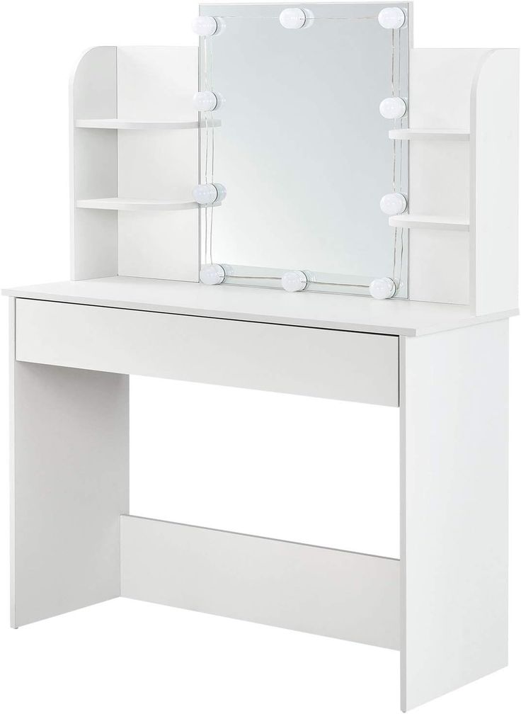 a white desk with a mirror and lights on it