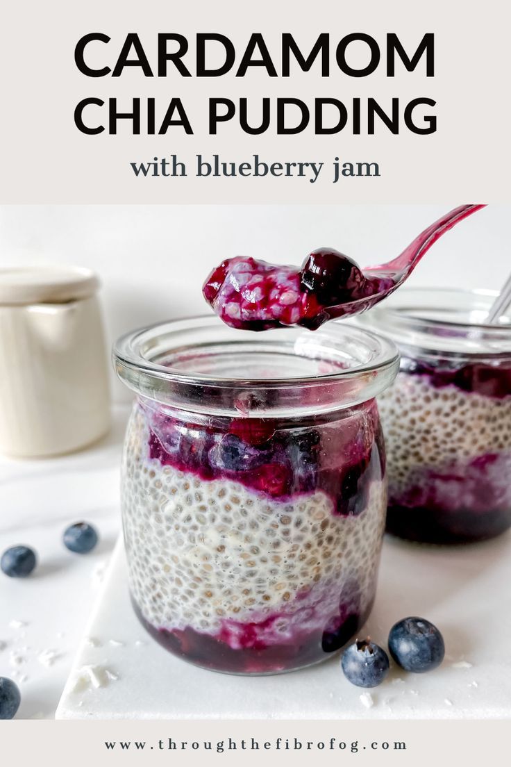 blueberry chia pudding in a glass jar with a spoon full of it and the title overlay reads, cardamom chia pudding with blueberry jam