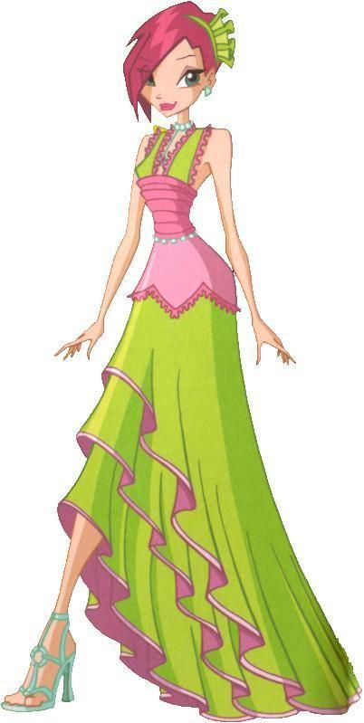 a woman in a green and pink dress