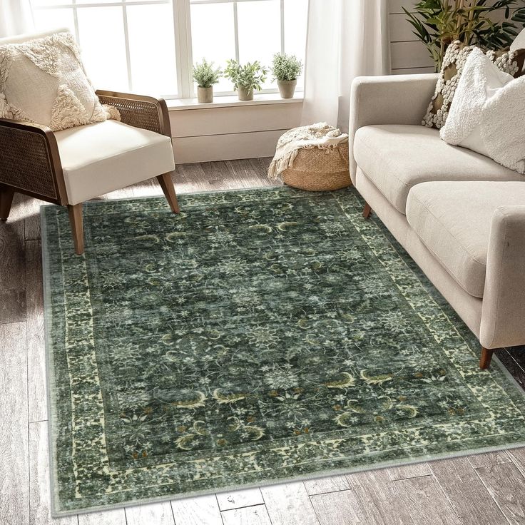 a living room area with a couch, chair and rug in front of a window