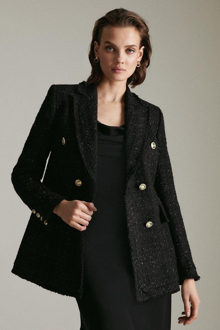 Nodding To Vintage Styles, This Luxurious Boucle Jacket Shows Off Glossy Gold-Tone Buttons, Large Patch Pockets And A Softly Tailored Fit Infused With Subtly Sparkling Threads. Wear It Whenever You Want To Bring A Feminine Spin To Smart-Casual Outfits. Boucle Blazer Outfit, Blazer Tweed, Black Tweed Blazer Outfit, Elegant Black Tweed Jacket With Button Closure, Luxury Black Tweed Outerwear, Luxury Black Long Sleeve Tweed Jacket, Tweed Blazer Outfit, Black Single-breasted Tweed Jacket With Long Sleeves, Black Single-breasted Tweed Outerwear