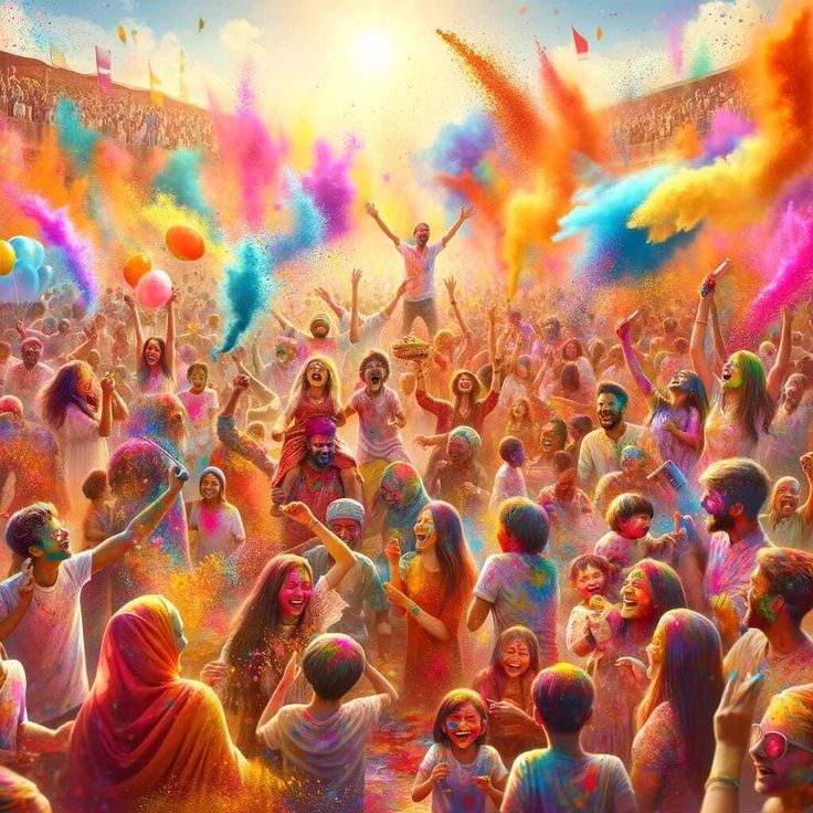 many people are throwing colored powder on each other in the middle of a crowd at a festival