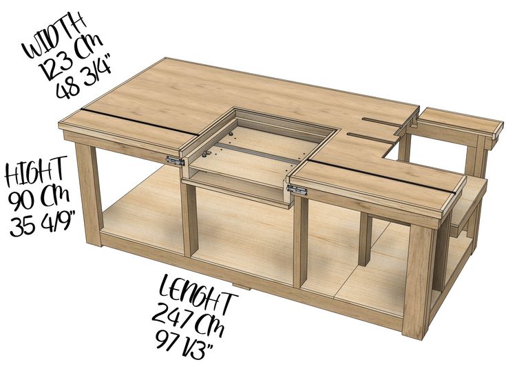 a drawing of a workbench with measurements for the top and bottom drawers on each side