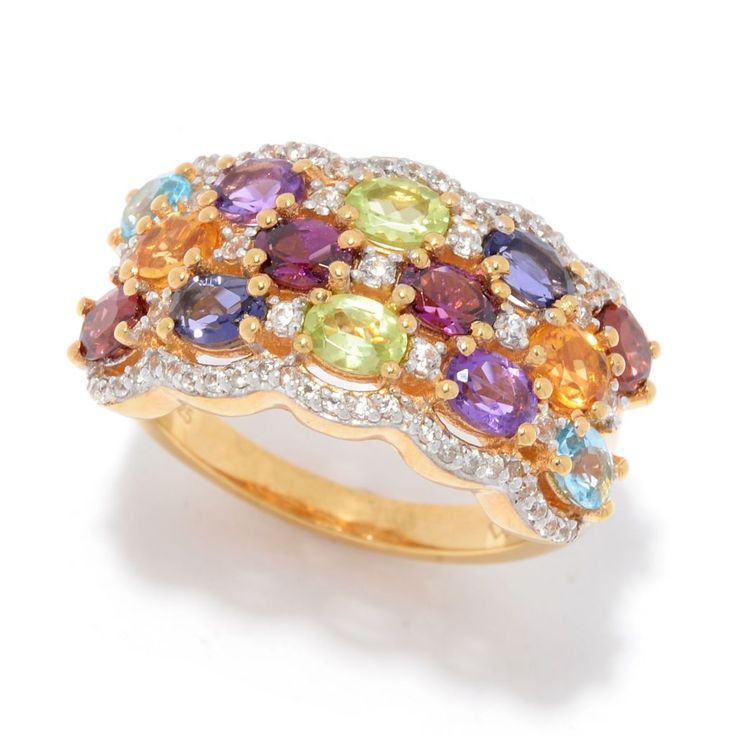 Compelling color and precious metal shine give this ring gorgeous impact when you slip it onto your finger! Luscious multi-color gemstones demand attention, accented by an array of white zircon. 18K yellow vermeil over sterling silver completes the stunning design. Pair it with earrings 199-928 for a coordinated look. Luxury Multicolor Diamond Ring For Anniversary, Multicolor Diamond Gemstones With Accents, Luxury Multicolor Rings With Center Stone, Multicolor Diamond Ring With Center Stone For Anniversary, Elegant Multicolor Diamond Ring With Diamond Accents, Multicolor Oval Multi-stone Cluster Ring, Elegant Multicolor Gemstones With Center Stone, Luxury Multicolor Rings With Gemstone Accents, Dazzling Yellow Gold Multi-stone Diamond Ring