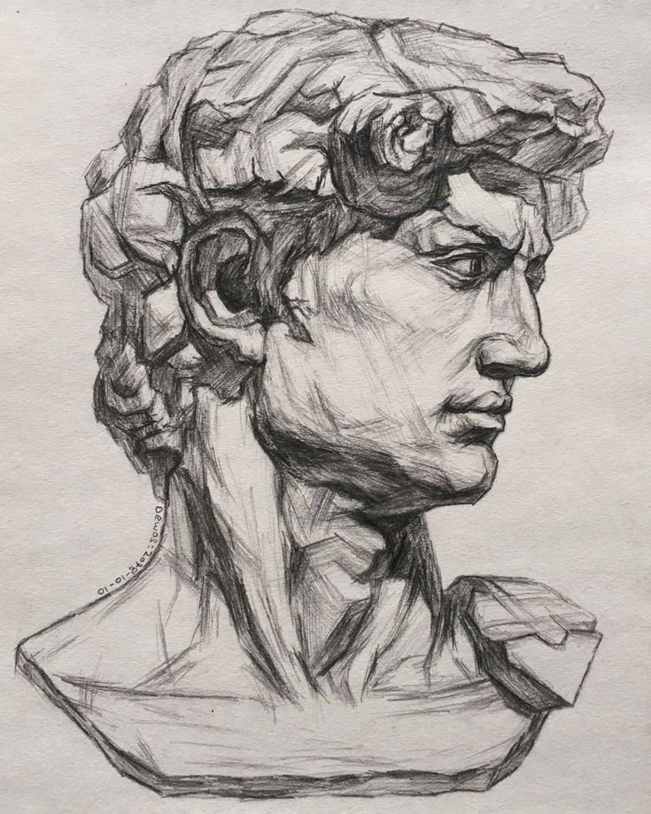 a black and white drawing of a man's head with flowers in his hair