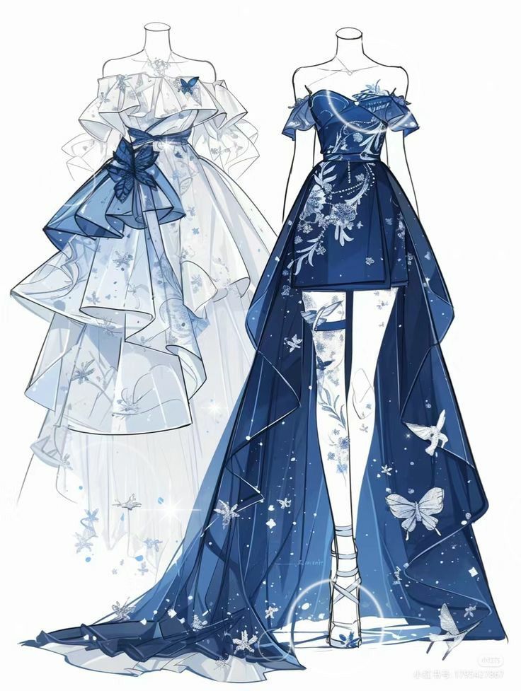 two dresses on mannequins, one in blue and the other in white