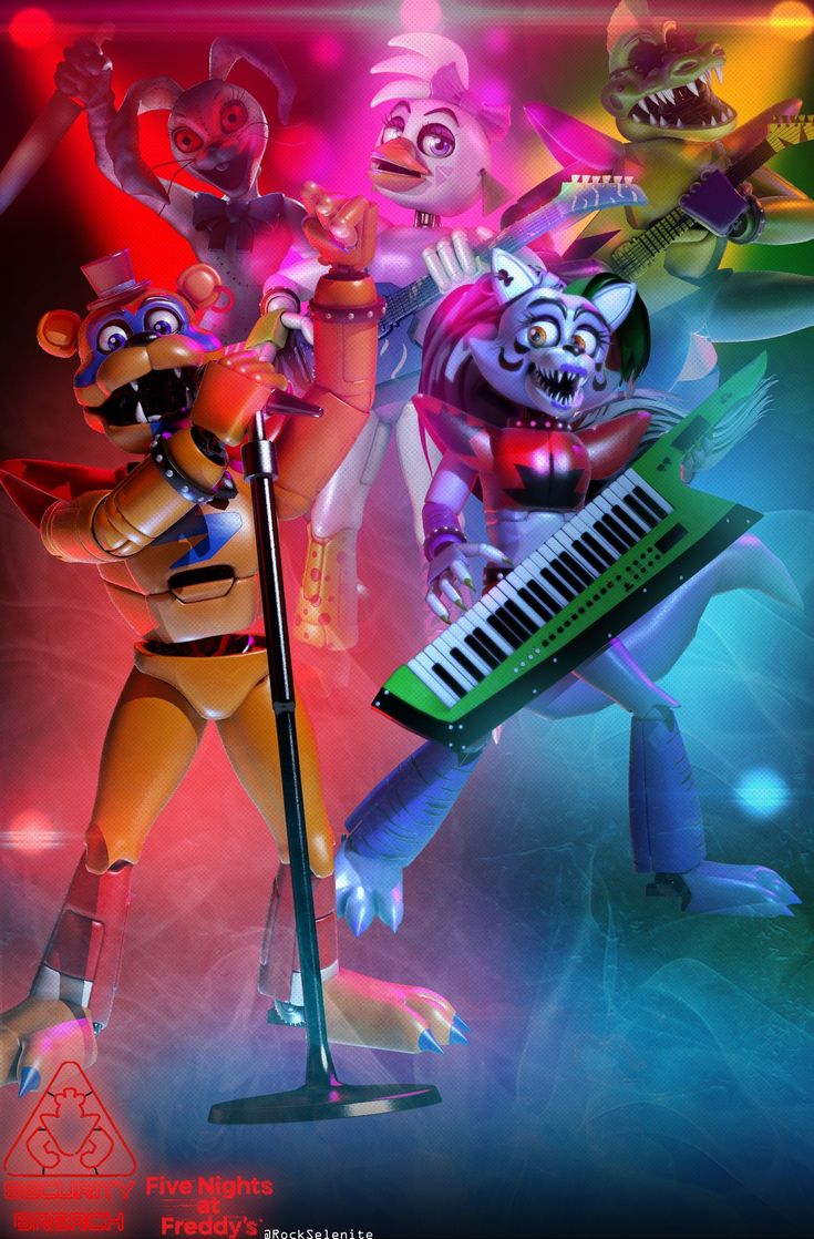 five cartoon characters with musical instruments in front of a neon colored background, one is singing and the other is dancing