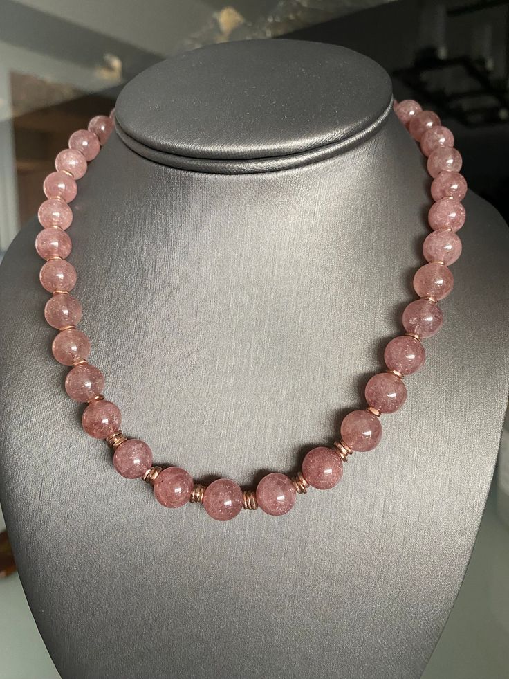 Quartz Karen Hill Tribe Silver Rose Gold Vermeil beads Style Necklace, Strawberry Quartz Genuine Natural Gemstone Beads Necklace, Handmade Jewelry  9.7-9.8 mm Strawberry Quartz Genuine Natural Gemstones Beads  Karen Hill Tribe Rose Gold Beads 15mm Round Rose Gold plated over Sterling Silver Clasp  Necklace length is 43cm or 17inch The Necklace will arrive in the Gift Box with Velvet Pouch for storage Handmade Rose Quartz Beaded Necklace With Round Beads, Beaded Rose Quartz Crystal Necklace, Elegant Rose Quartz Round Beads Crystal Necklace, Elegant Rose Quartz Crystal Necklace With Round Beads, Adjustable Rose Quartz Round Bead Necklace, Beaded Rose Quartz Necklaces With Faceted Round Beads, Adjustable Rose Quartz Necklace With Round Beads, Rose Quartz Beaded Necklaces With Faceted Beads, Adjustable Rose Gold Necklace With Round Beads