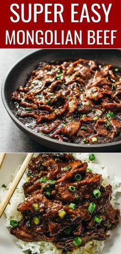 beef and rice in a skillet with chopsticks on the side text overlay says super easy mongolian beef