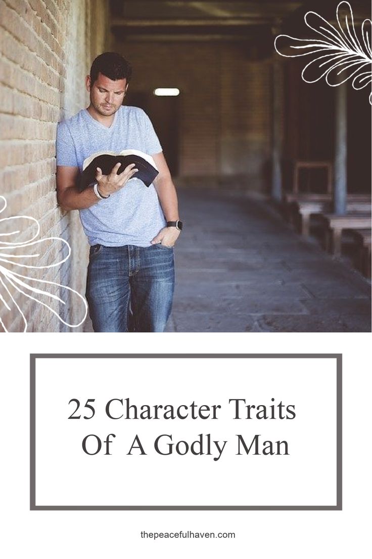 a man leaning against a brick wall reading a book with the title 25 character traits of a godly man