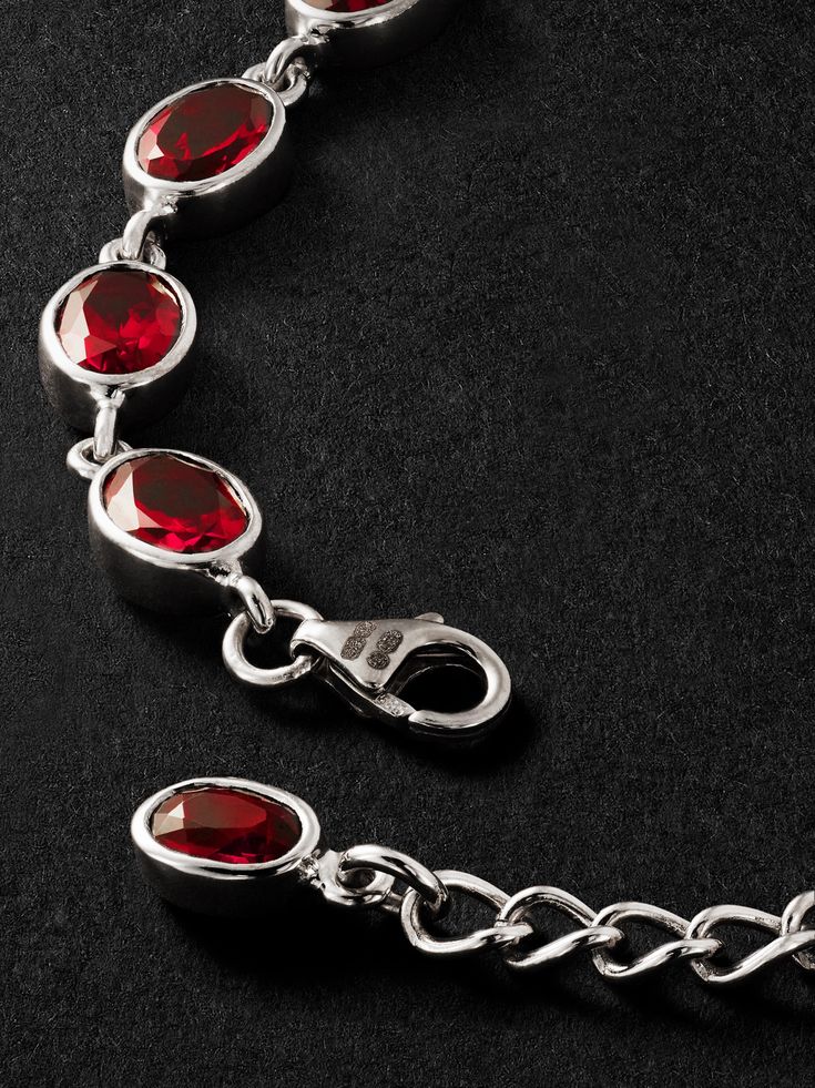 PATTARAPHAN's 'Ying' bracelet has been crafted in its native Bangkok from polished 14-karat white gold. It's modelled after traditional Thai bracelets and bezel-set with faceted garnet stones, including one at the end of the adjustable chain. Polish it with a cloth every so often to retain its shine. Garnet Bracelet, Summer Sunglasses, Garnet Stone, Fine Jewelry Bracelets, Bracelet For Men, Fine Jewelry Designers, Slides Shoes, Luxury Gifts, Espadrille Shoes