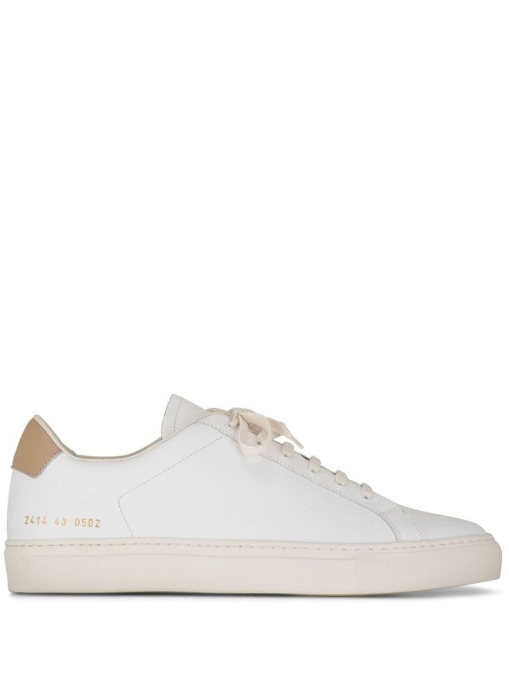 white/beige leather logo print to the side round toe front lace-up fastening contrasting heel counter rubber sole Classic Lace-up Sneakers With Branded Heel Counter, Cream Low-top Sneakers With Leather Sole, Beige Sneakers With Leather Sole For Streetwear, White Lace-up Platform Sneakers With Leather Sole, Sporty White Calf Leather Sneakers, Cream High-top Sneakers With Leather Sole, Cream Sneakers With Leather Sole For Streetwear, White Calf Leather Sporty Sneakers, Classic Beige Sneakers With Rubber Sole