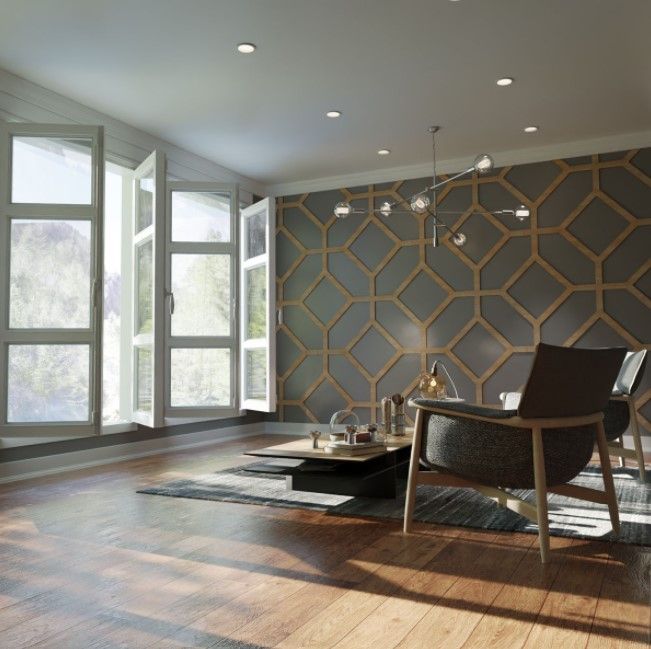 a living room filled with furniture and large windows