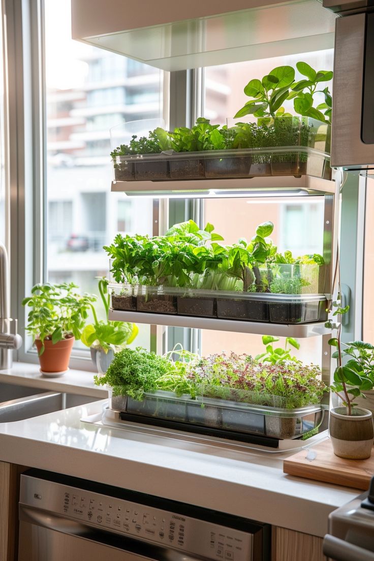 several plants are growing in trays on the shelf above the sink and dishwasher