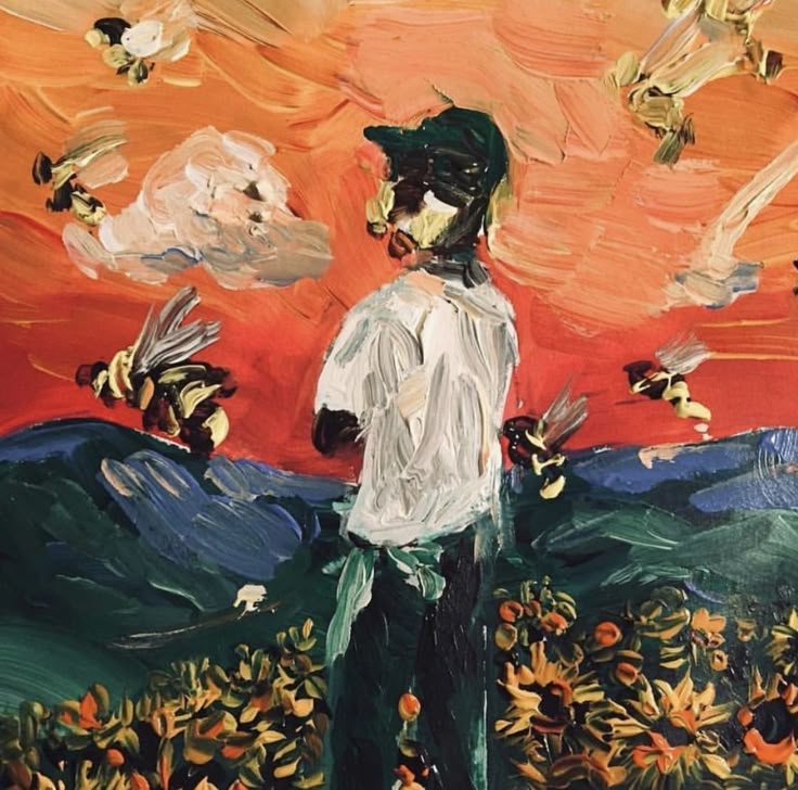 a painting of a man standing in front of sunflowers with birds flying over him