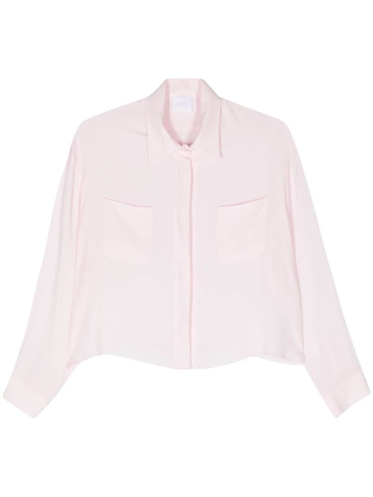 powder pink crepe texture classic collar concealed front button fastening drop shoulder long sleeves with buttoned cuffs two chest patch pockets cropped straight hem Cropped Shirt, Pink Crop Top, Powder Pink, Crop Shirt, Drop Shoulder, Patch Pocket, Top Shirt, Long Sleeves, Womens Tops