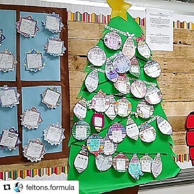 a christmas tree made out of paper and other items on a bulletin board with writing