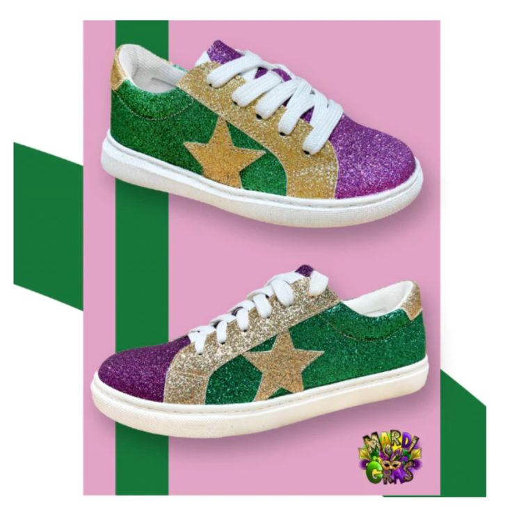 **Offers Are Not Accepted On Nwt Boutique Items. Please Visit Lillyjacekids.Com For A Lower Price. Thank You. Step Out In Style With Our Mardi Gras Glitter Star Sneakers Shoes. These Shoes Are Sure To Turn Heads With Their Vibrant And Festive Mardi Gras Colors. Featuring Cushion Soles For Ultimate Comfort And A Non-Shedding Glitter Design, You'll Be Sure To Stand Out In The Crowd. The Stars On The Side Give These Shoes A Vintage Havana Vibe, Perfect For Any Occasion. **Offers Are Not Accepted On Trendy Multicolor Glitter Sneakers, Purple Glitter Low-top Sneakers, Trendy Glitter Print Sneakers For Spring, Trendy Spring Sneakers With Glitter Print, Casual Multicolor Glitter Sneakers, Purple Round Toe Party Sneakers, Trendy Gold Glitter Sneakers, Multicolor Casual Party Sneakers, Casual Multicolor Party Sneakers