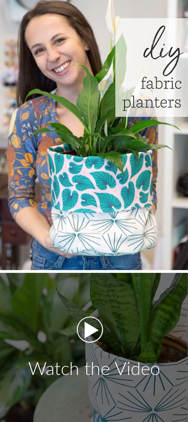 a woman holding a potted plant with the words diy fabric planters on it