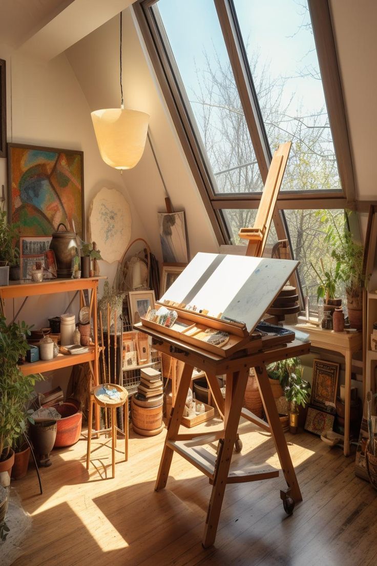 small attic art studio idea for small attics with low ceilings. Small Attic Spaces, Small Attic Room Ideas, Small Attic Room, Attic Room Ideas, Art Studio Room, Small Attic, Art Studio Design, Art Studio At Home, Inspire Me Home Decor