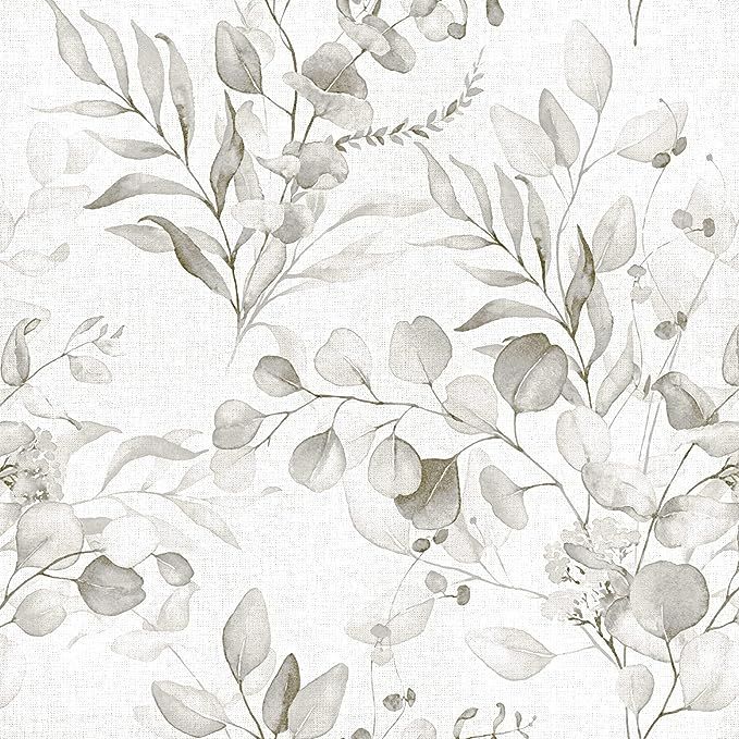 a white and gray floral wallpaper with leaves