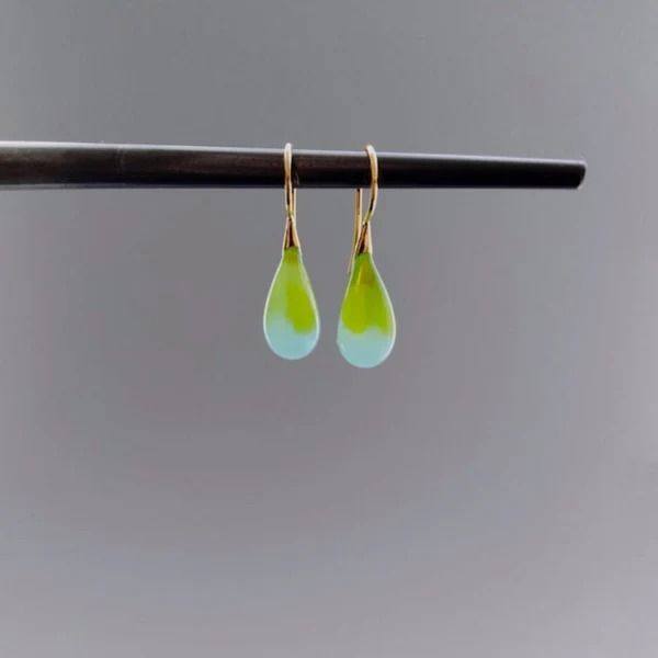 Japanese Artist Handcrafted Teardrop Glass Drop Earrings In Apple Green - The Chubby Paw Green Teardrop Glass Jewelry, Minimalist Teardrop Glass Jewelry, Modern Glass Teardrop Earrings, Glass Teardrop Jewelry With Matching Earrings, Everyday Green Glass Jewelry, Glass Drop Earrings With Matching Set, Modern Handmade Teardrop Jewelry, Hypoallergenic Glass Teardrop Jewelry, Glass Drop Earrings As Gift