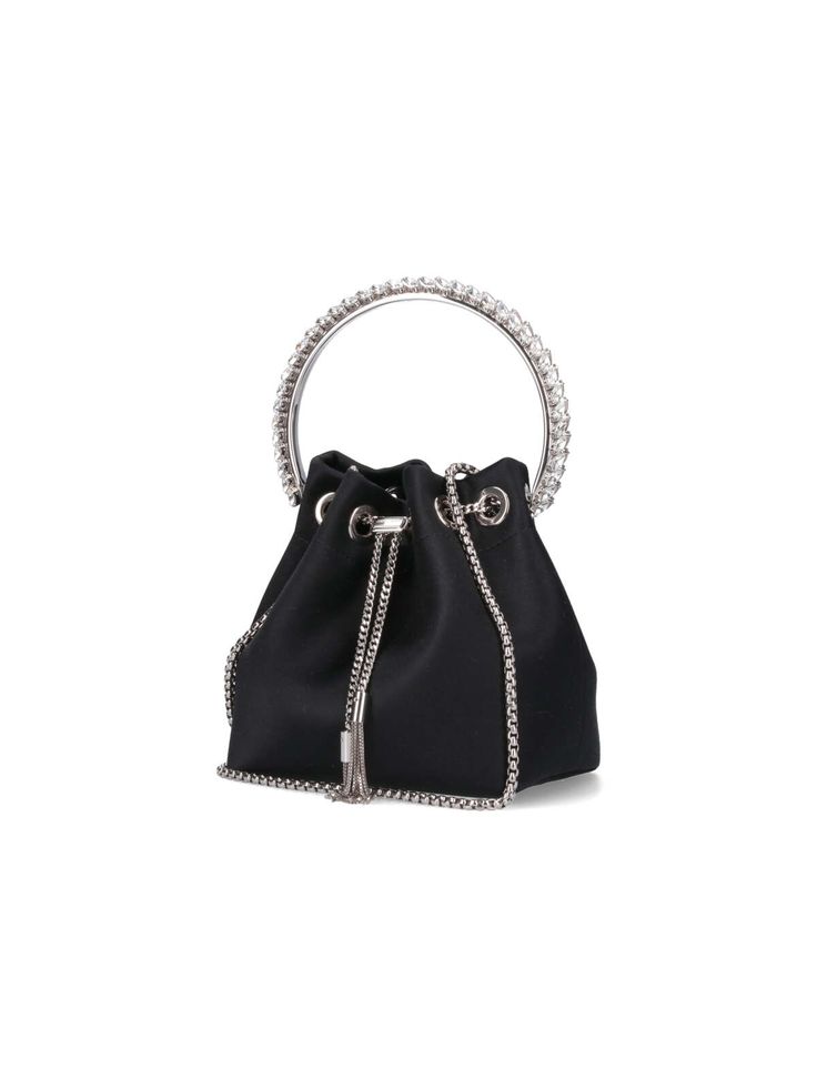 Jimmy Choo 'Bon Bon' bucket bag in black satin, top handle with crystal detail, removable adjustable chain shoulder strap, drawstring closure, single inner compartment. Composition: 100% Satin Luxury Bucket Bags For Party, Luxury Handheld Bucket Bag For Evening, Silver Bucket Bag For Formal Occasions, Luxury Silver Bucket Bag For Party, Luxury Bucket Bag For Party, Elegant Bucket Bag For Party, Elegant Silver Bucket Bag For Evening, Luxury Handheld Bucket Bag For Party, Elegant Party Bucket Bag