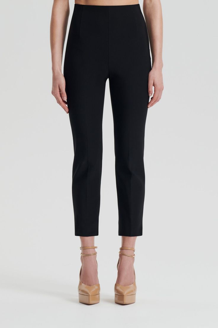 ITALIAN HIGHWAIST SLIM TROUSER - BLACK - Scanlan Theodore US Black Straight Silhouette Pants For Office, Tailored Black Pants With Straight Silhouette, Black Tailored Straight Silhouette Pants, Tailored Black Straight Pants, Chic Black Pants With Straight Silhouette, Black Straight Pants For Business Casual, Black Straight Silhouette Pants For Work, Black Dress Pants With Welt Pockets, Black Bottoms With Straight Silhouette For Business