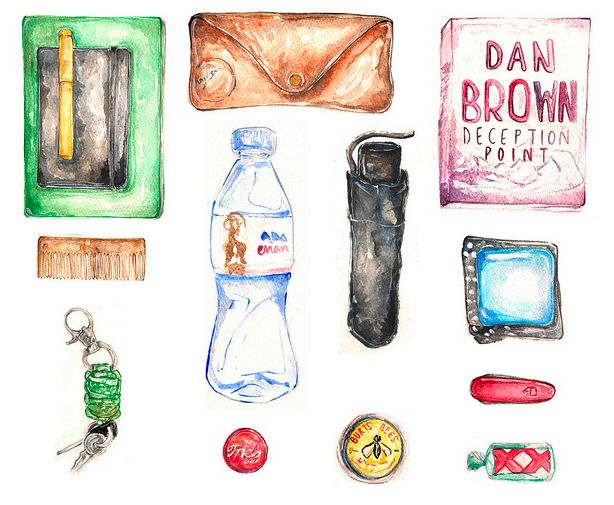 water bottle, wallet, keys, and other items are depicted in this drawing