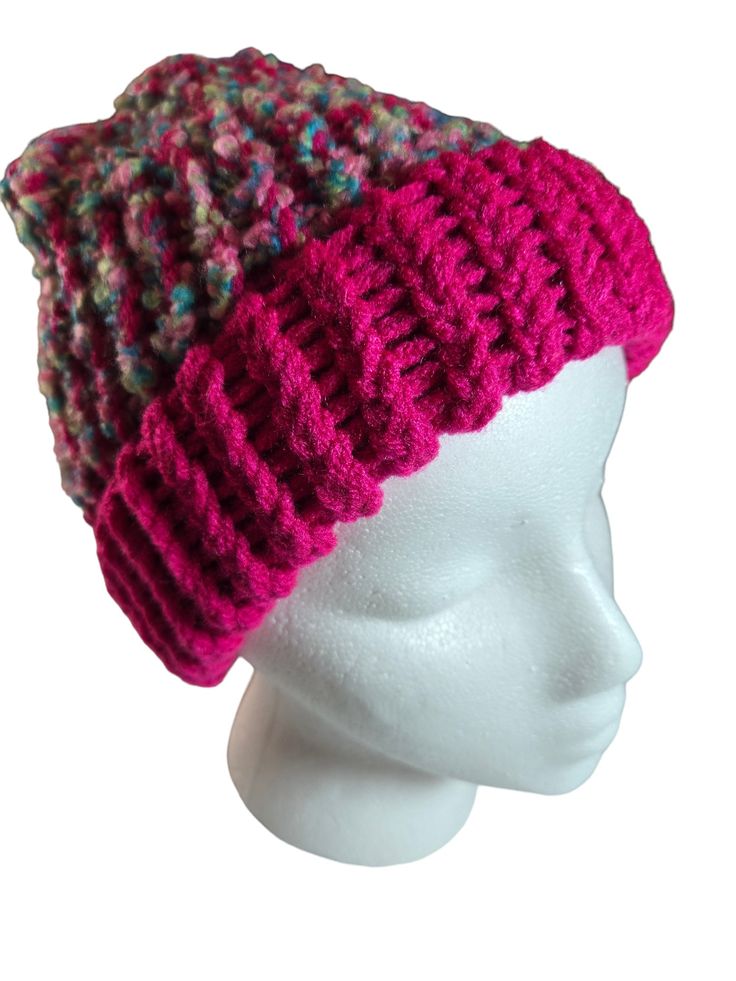 Hand Knitted Winter Hat, Warm, Soft, Washable, Medium size for youth or small adult head. Colors may vary from photos based on personal settings on your device. Adjustable Soft Knit Crochet Hat, Adjustable Soft Knit Yarn Hats, Cozy Adjustable Crochet Cap, Warm Brimmed Crochet Knit Hat, Adjustable Soft Knit Crochet Beanie, Knit Crochet Cap For Cold Weather, Pink Knitted Casual Hat, Casual Pink Knitted Hat, Adjustable Yarn Hats For Cold Weather