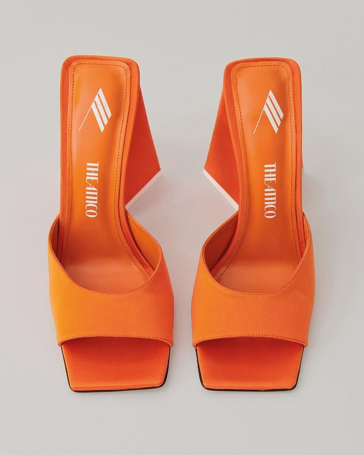 Aesthetic Orange, Orange Heels, Dr Shoes, Footwear Design, Fashion Shoes Sandals, Shoe Ideas, Orange Satin, Funky Shoes, The Attico