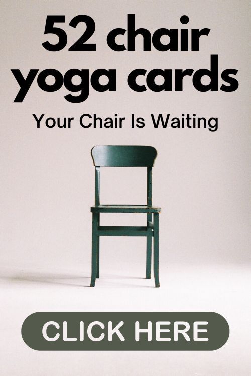 a chair sitting on top of a white floor next to a sign that says 52 chair yoga cards your chair is waiting