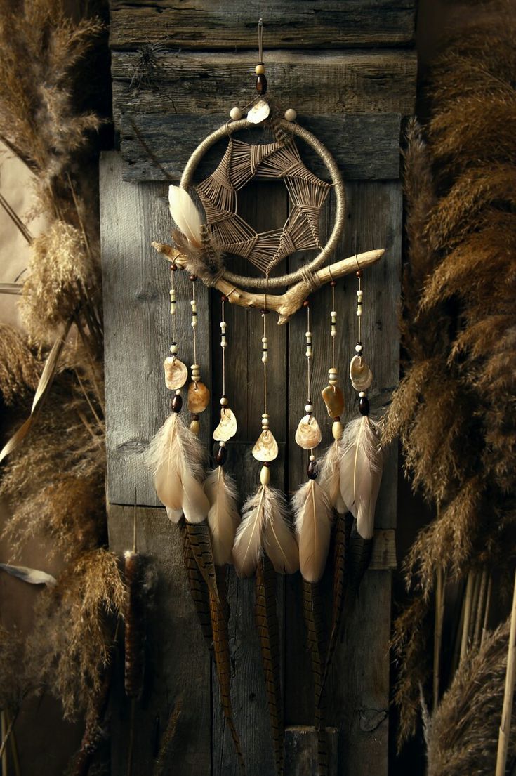 an image of a dream catcher hanging on the wall with feathers and beads around it