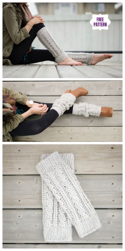 three photos showing different ways to wear gloves and leg warmers with text overlay that says, free pattern