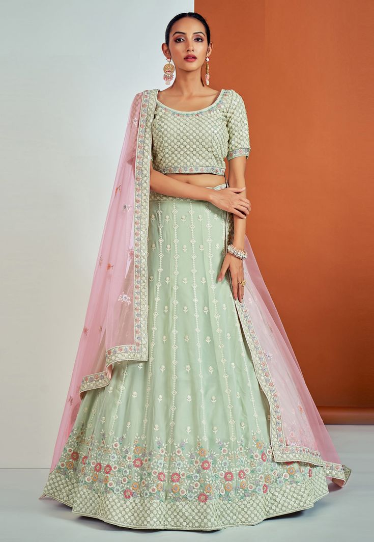 Georgette a line lehenga choli in Pista green colour 57004  Desc:  Style : A Line Lehenga Choli Color : Pista Green Fabric : Georgette Work : Embroidery   Sequence Wash Care : Dry clean Sleeve Style : Half Sleeve Long Sleeves : Done only in Custom Stitch Sleeves Lining : Done only in Custom Stitch Bust Size : 32 to 42 Inches Occasion : Wedding   Mehendi   Sangeet   Engagement   Bridesmaid   Reception   Baby Shower   Teej. With Express Free Shipping and Custom Stitching, Buy Indian Party wedding Pista Green Colour, Bridesmaid Lehenga, Designer Bridal Lehenga Choli, Pista Green, Party Wear Lehenga Choli, Designer Bridal Lehenga, Green Lehenga, Lehenga Online, Choli Designs