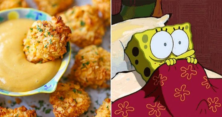 two pictures one with food and the other with an image of cartoon character in bed