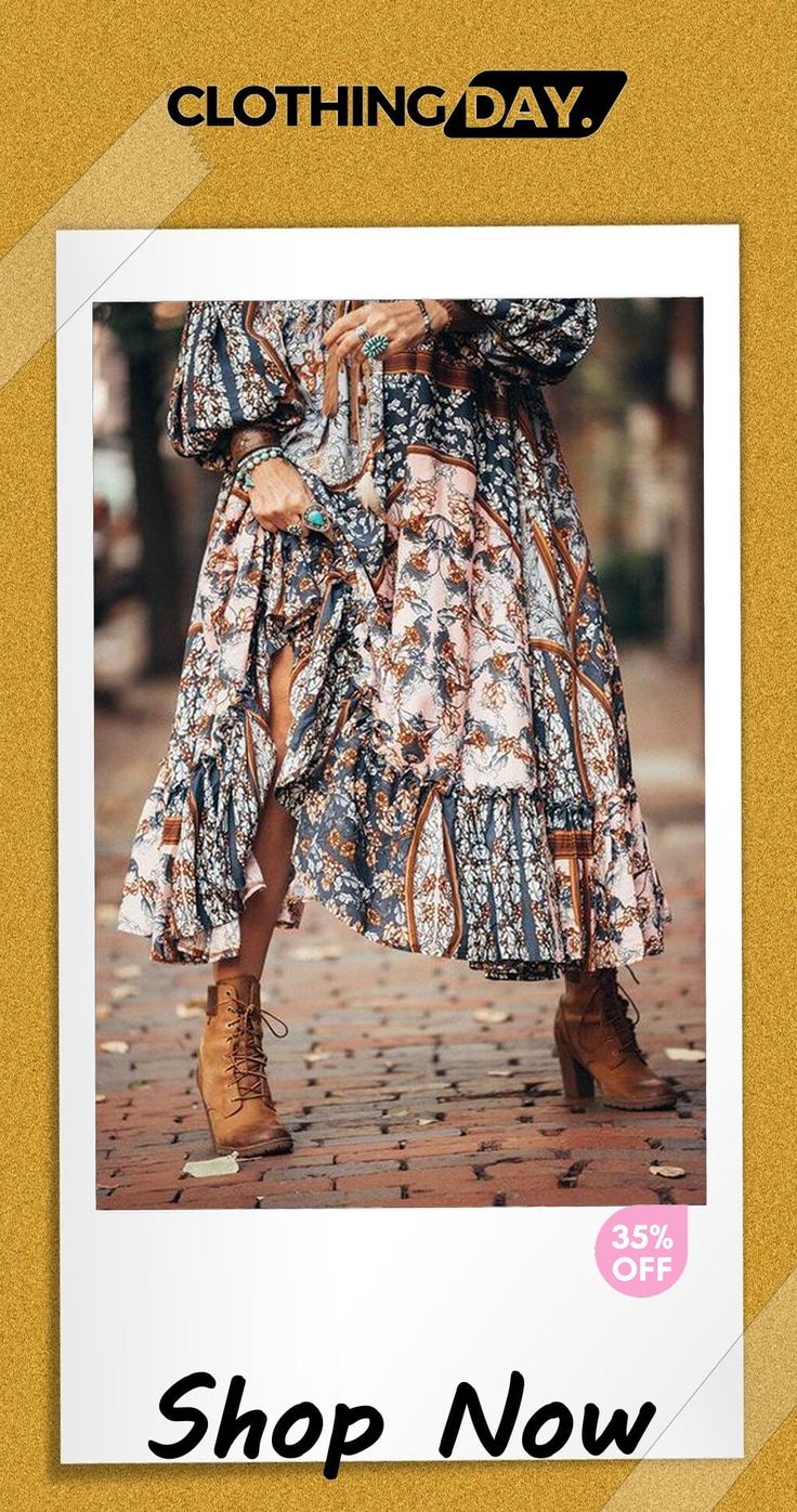 Bohemia Print Long Sleeve Maxi Dress Bohemian V-neck Midi Dress For Fall, Bohemian V-neck Dress With Flowy Skirt, Casual Flowy Maxi Dress For Fall, Printed Flowy Dresses, Bohemian Printed Dresses With Flowy Skirt, Fall Floral Print Dress With Flowy Skirt, Bohemian Style Printed Dress With Flowy Skirt, Bohemian Flowy Skirt Dress For Spring, Bohemian Printed Flowy Dress