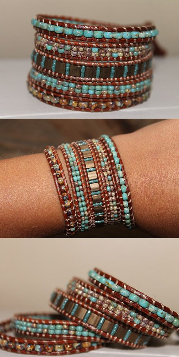 Leather beaded Wrap bracelet Glass beads by homemadewithpleasure Diy Bracelets To Sell, Different Bracelets, Wrap Armband, Bracelet Trendy, Bohemian Wrap, Bracelet Fil, Photo Charms, Beaded Wrap Bracelets, Wrap Bracelets