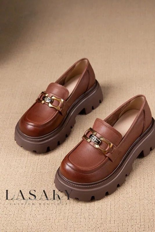 Lasaky - Premium Authentic Leather Loafers with Durable Soles in Classic Vintage Design Brown Round Toe Loafers, Slip-on Leather Shoes With Lug Sole And Round Toe, Brown Platform Loafers With Rubber Sole, Brown Platform Loafers With Lug Sole And Round Toe, Brown Flat Platform Loafers With Rubber Sole, Office Slip-ons With Textured Sole And Round Toe, Brown Platform Loafers With Lug Sole, Brown Lug Sole Loafers For Fall, Brown Platform Loafers With Lug Sole And Flat Heel