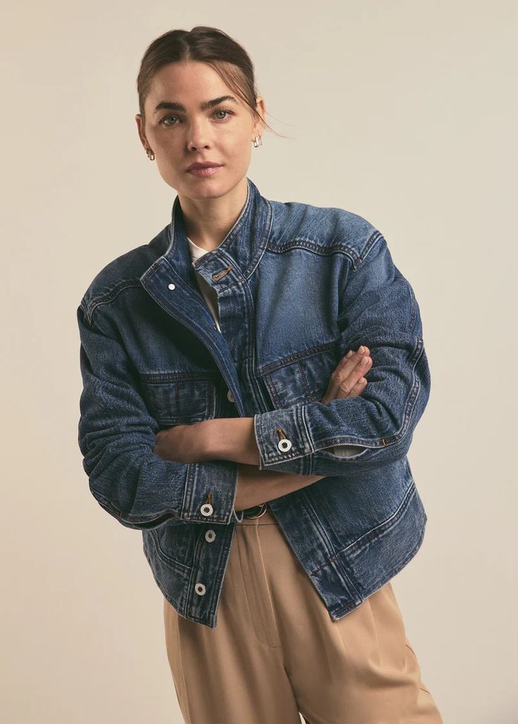 Enlist this oversized, military-inspired jacket into your wardrobe. The Nikki jacket is slightly cropped with slightly dropped shoulders, flap patch pockets, a stand up collar and a wide hem. The rigid denim was stonewashed to create the medium blue Havana wash that has highlights at the shoulder, chest and elbows.89% Washed Medium Wash Utility Jacket, Denim Utility Jacket Washed, Denim Utility Jacket Washed Style, Oversized Washed Blue Denim Jacket With Patch Pockets, Medium Wash Denim Utility Jacket With Patch Pockets, Oversized Medium Wash Denim Jacket With Patch Pockets, Oversized Medium Wash Denim Jacket In Utility Style, Oversized Medium Wash Utility Denim Jacket, Oversized Utility Denim Jacket In Medium Wash