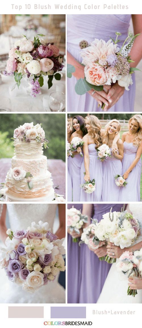 the bridesmaid's bouquets and their wedding colors are all in shades of lavender