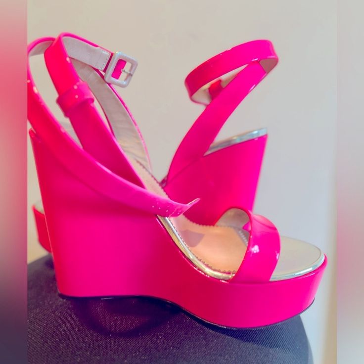 Like New, Worn Twice, Giuseppe Zanotti Neon Pink Wedges In Size 37. Us 7 Original Price $790 Platform Height Is 2”, Total Heel Height Is 5” Formal Pink Patent Leather Sandals, Bold Evening Heels With Wrapped Heel, Modern Wedge Heels For Evening, Modern Evening Wedge Heels, Pointed Toe Platform Heels For Cocktail, Modern Pink Patent Leather Heels, Modern Pink Wedge Heel Shoes, Modern Pink Wedge Heels, Fitted Platform Heels For Cocktail