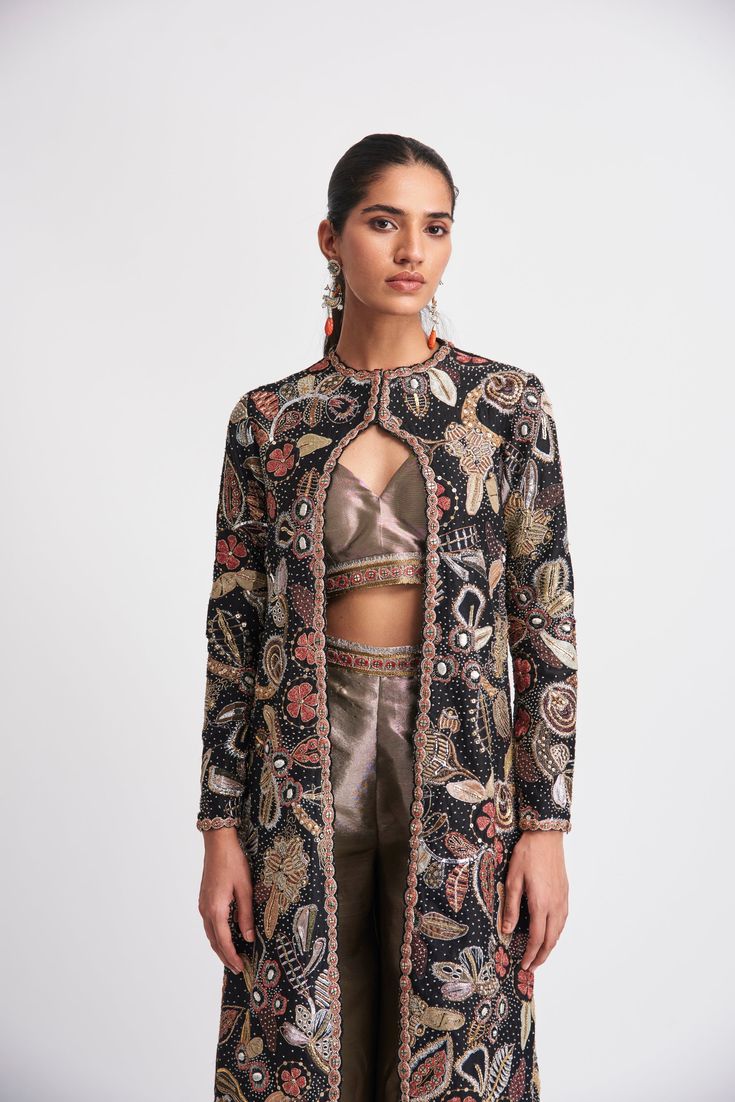 Kinfolk Black applique embellished chanderi silk calf-length jacket, tissue bustier & pants. From Aisha Rao's Kinfolk collection. DELIVERY TIMEPlease allow 6-8 weeks for your outfit to arrive. FABRIC DETAILSChanderi, Tissue Professional cleaning only.