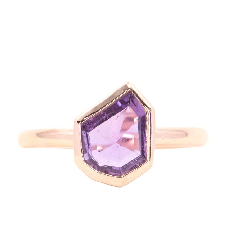 0.86ct Geo Slice Purple Sapphire Low Profile Bezel Solitaire Ring in 14k Rose Gold Heirloom Style Purple Amethyst Ring With Bezel Setting, Purple Bezel Set Round Cut Ring, Elegant Purple Amethyst Ring With Bezel Setting, Purple Amethyst Ring With Bezel Setting, Luxury Purple Sapphire Ring With Bezel Setting, Purple Sapphire Ring, Geometric Portrait, Mermaid Jewelry, Purple Sapphire