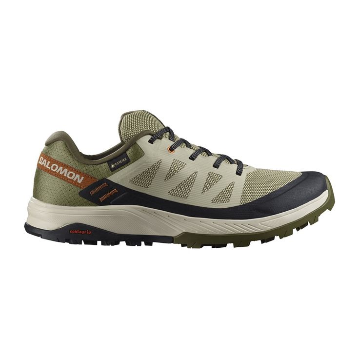 the north face men's hedgehog trail running shoe is shown in green and orange