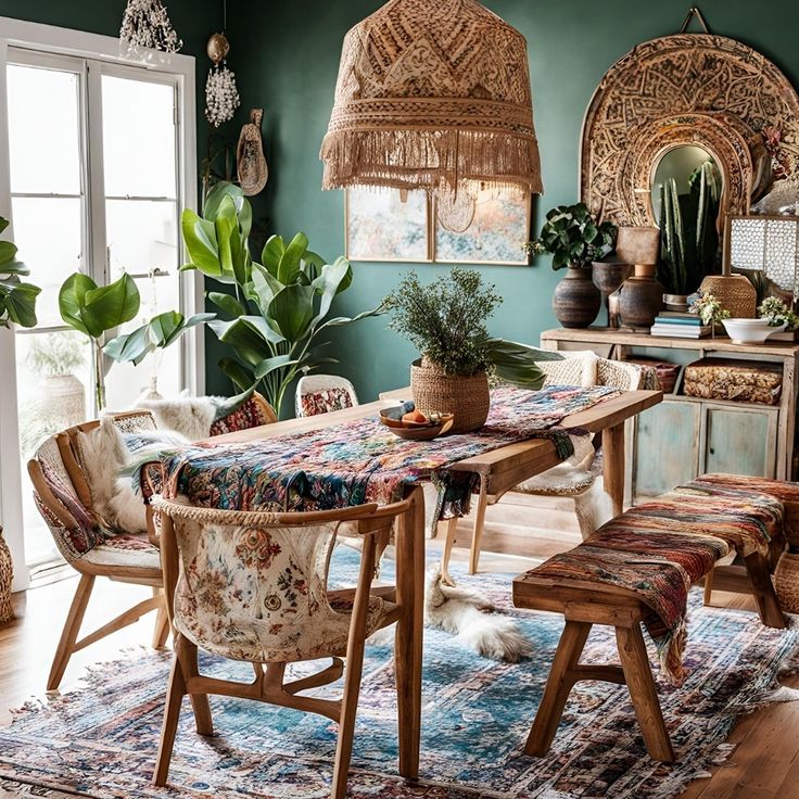 a dining room with green walls and wooden furniture in the center, along with potted plants