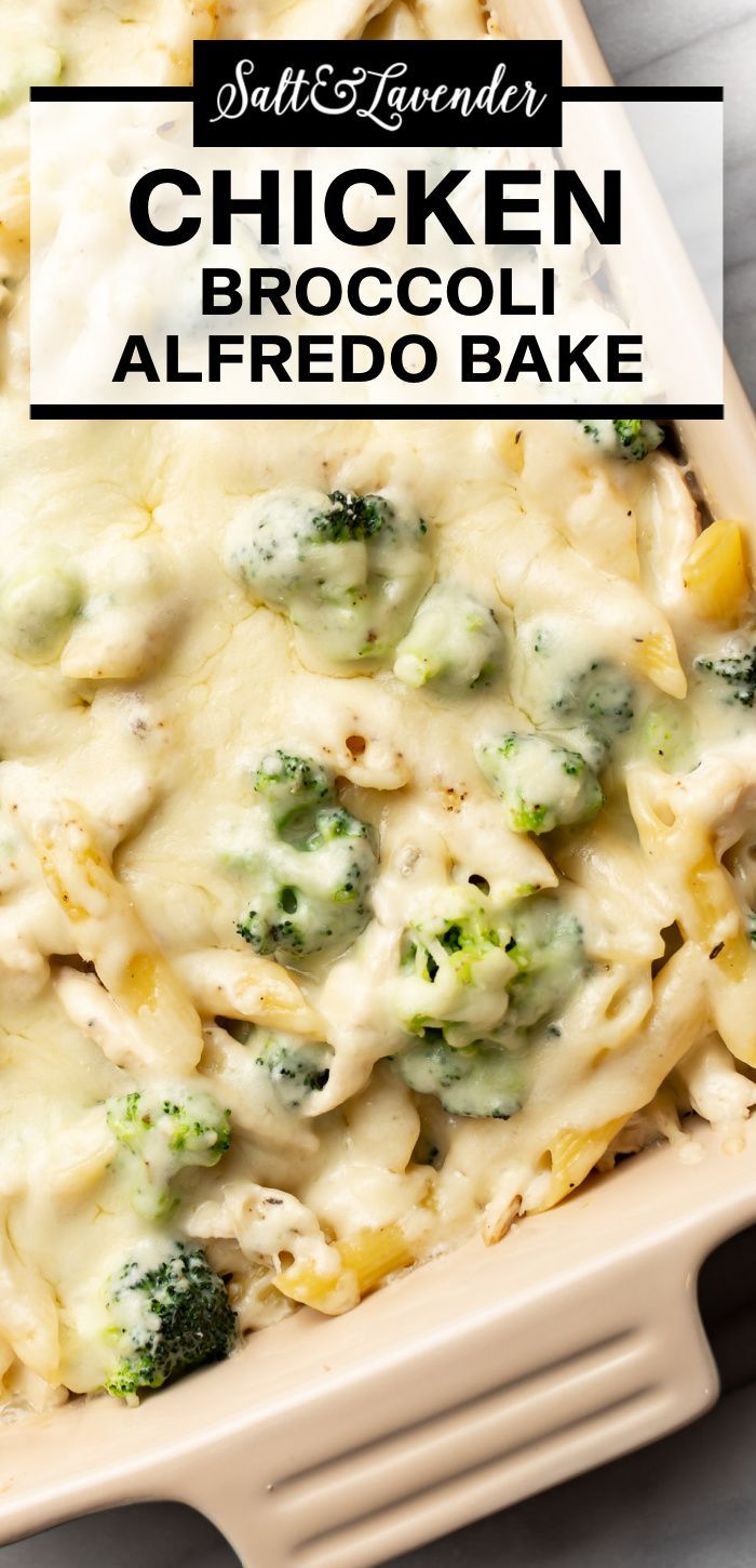 a casserole dish with cheesy pasta and text overlay that reads chicken broccoli alfredo bake Chicken Broccoli Alfredo Bake, Broccoli Alfredo Bake, Simple Chicken Alfredo Recipe, Healthy Chicken Alfredo, Baked Chicken Alfredo Pasta, Alfredo Chicken, Alfredo Bake, Chicken Broccoli Alfredo, Pasta Recipes Alfredo